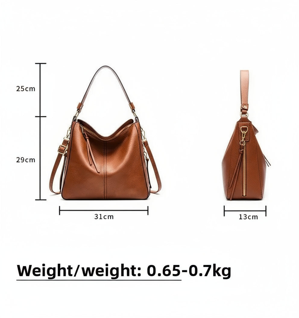 Hobo shoulder bag dimensions and details including weight, stylish slouchy design in brown PU leather.