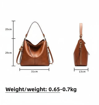 Hobo shoulder bag dimensions and details including weight, stylish slouchy design in brown PU leather.