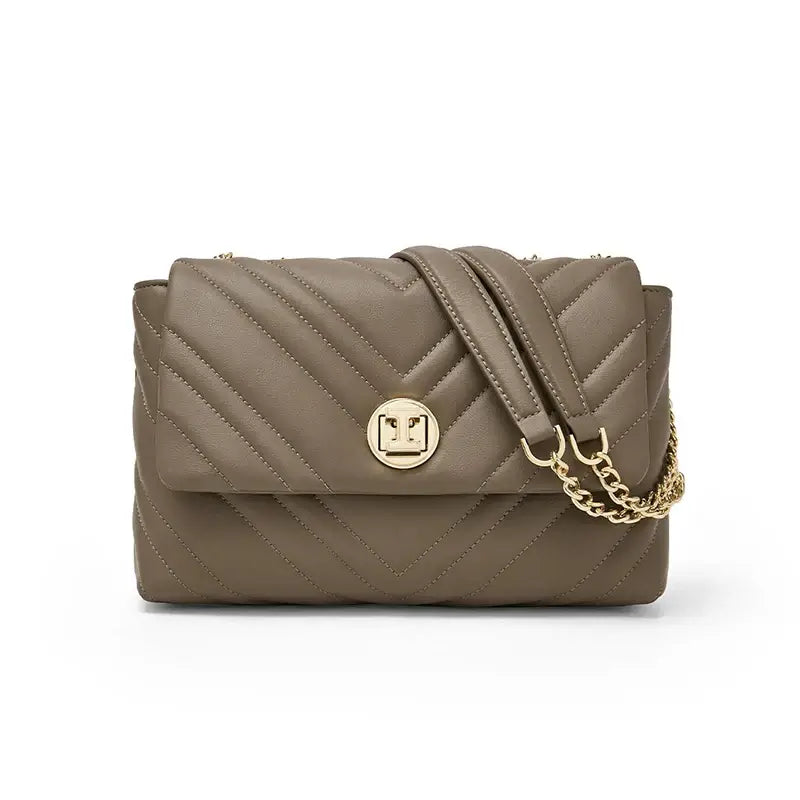 Shoulder Bag with Gold Chain in stylish gray, featuring flap design and gold chain strap.