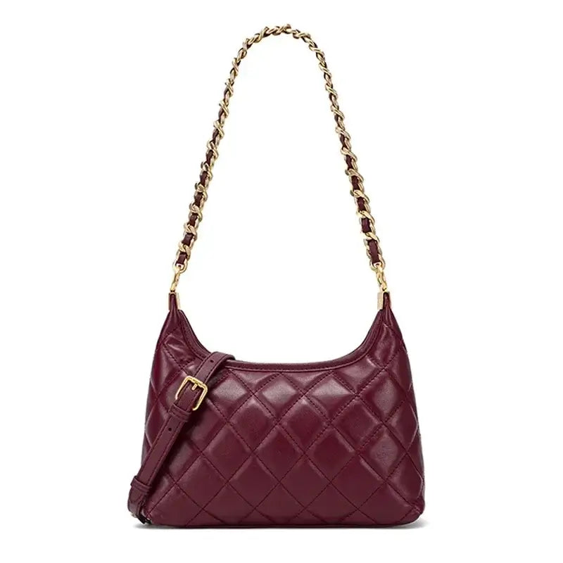 Genuine leather shoulder bag in burgundy with quilted design and gold-tone chain strap.