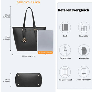 Large Shopper Tote Bag in black leather, dimensions displayed with tablet for size reference.