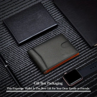 Men Wallet PU Credit Card Clip Mini RFID Blocking in a gift box with elegant packaging and accessories.