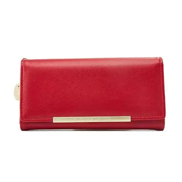 Red leather wallet for women with gold accent and zipper closure.