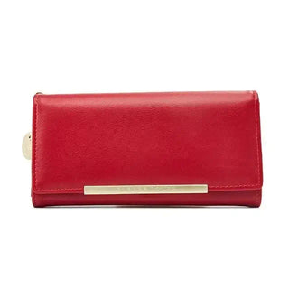 Red leather wallet for women with gold accent and zipper closure.