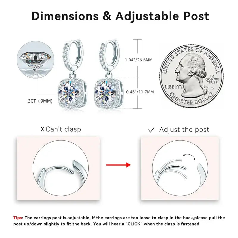 Moissanite Drop Earrings dimensions with adjustable post alongside a quarter for size comparison.