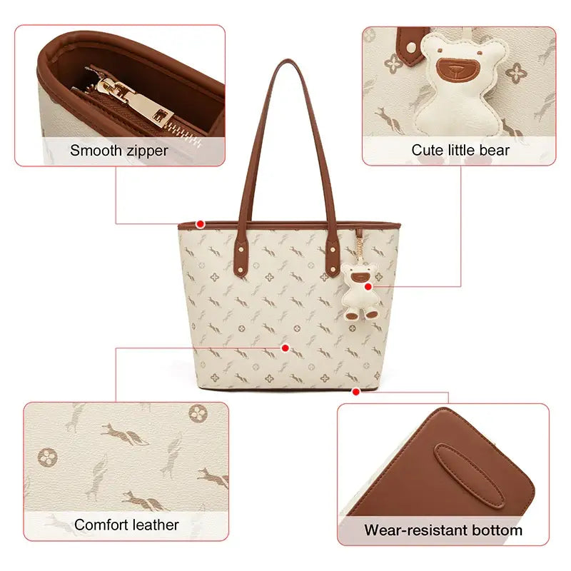 Shopper Bag with cute bear keychain charm features smooth zipper, comfort leather, and wear-resistant bottom.