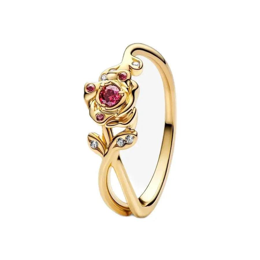 New Princess Ring Series Sterling Silver with a gold flower design and pink zircon accents.