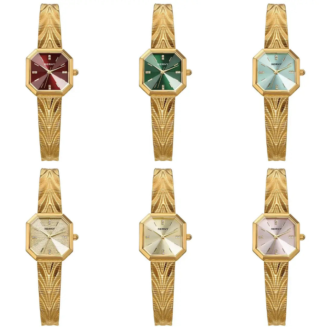 Wristwatches Stainless Steel collection showcasing six designs with gold bands and colorful octagonal faces.
