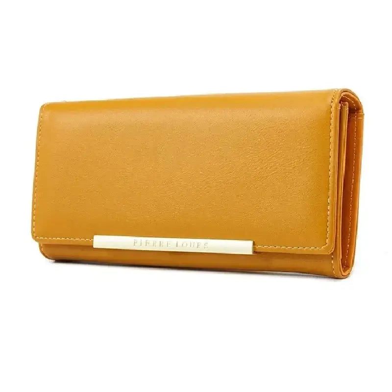 Wallet Leather for Women in a stylish yellow design with a zipper closure and decorative chain detail.