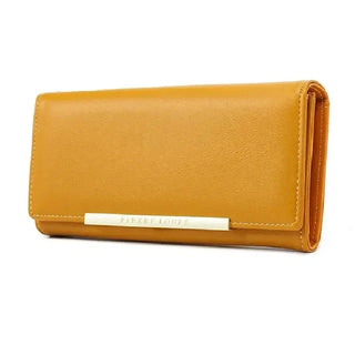 Wallet Leather for Women in a stylish yellow design with a zipper closure and decorative chain detail.