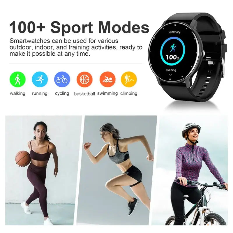 Smart Watch Full Touch Screen showcasing 100+ sport modes for outdoor and indoor activities.