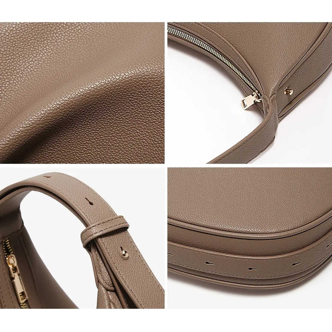 Half Moon Bag with Minimalist Design close-up showing zipper, strap, and soft PU material detail.