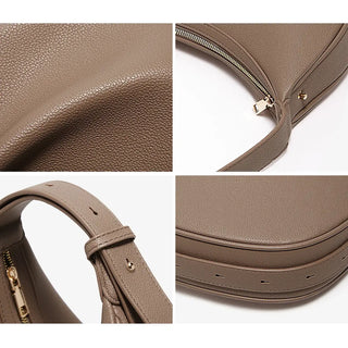 Half Moon Bag with Minimalist Design close-up showing zipper, strap, and soft PU material detail.