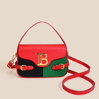 Womens crossbody bag with color-blocking design, featuring a red and green exterior and gold accents.