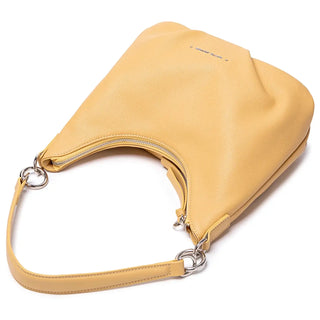 Luxury yellow crossbody bag for women, casual satchel with wide straps and zipper closure.