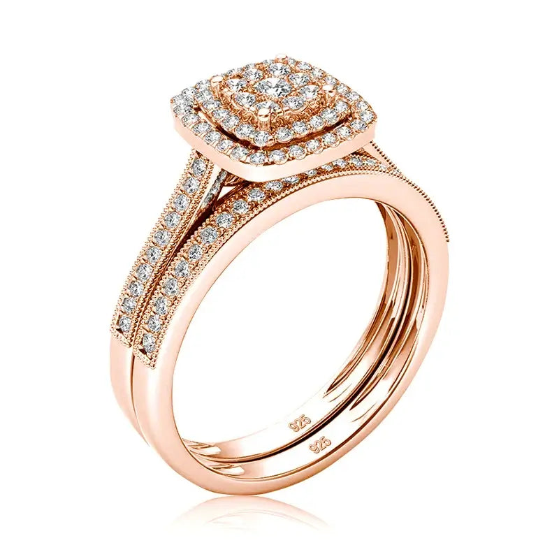 Moissanite Ring Set for Women featuring a square halo design with sparkling gemstones in rose gold setting.