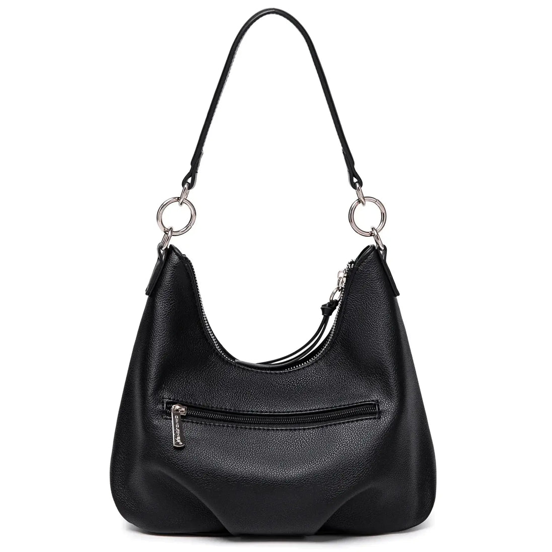 Luxury black crossbody bag for women, soft shoulder handbag with zipper closure and wide straps.