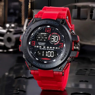 Mens Digital Sport Watch in red with black face, featuring multiple time functions and water resistance.