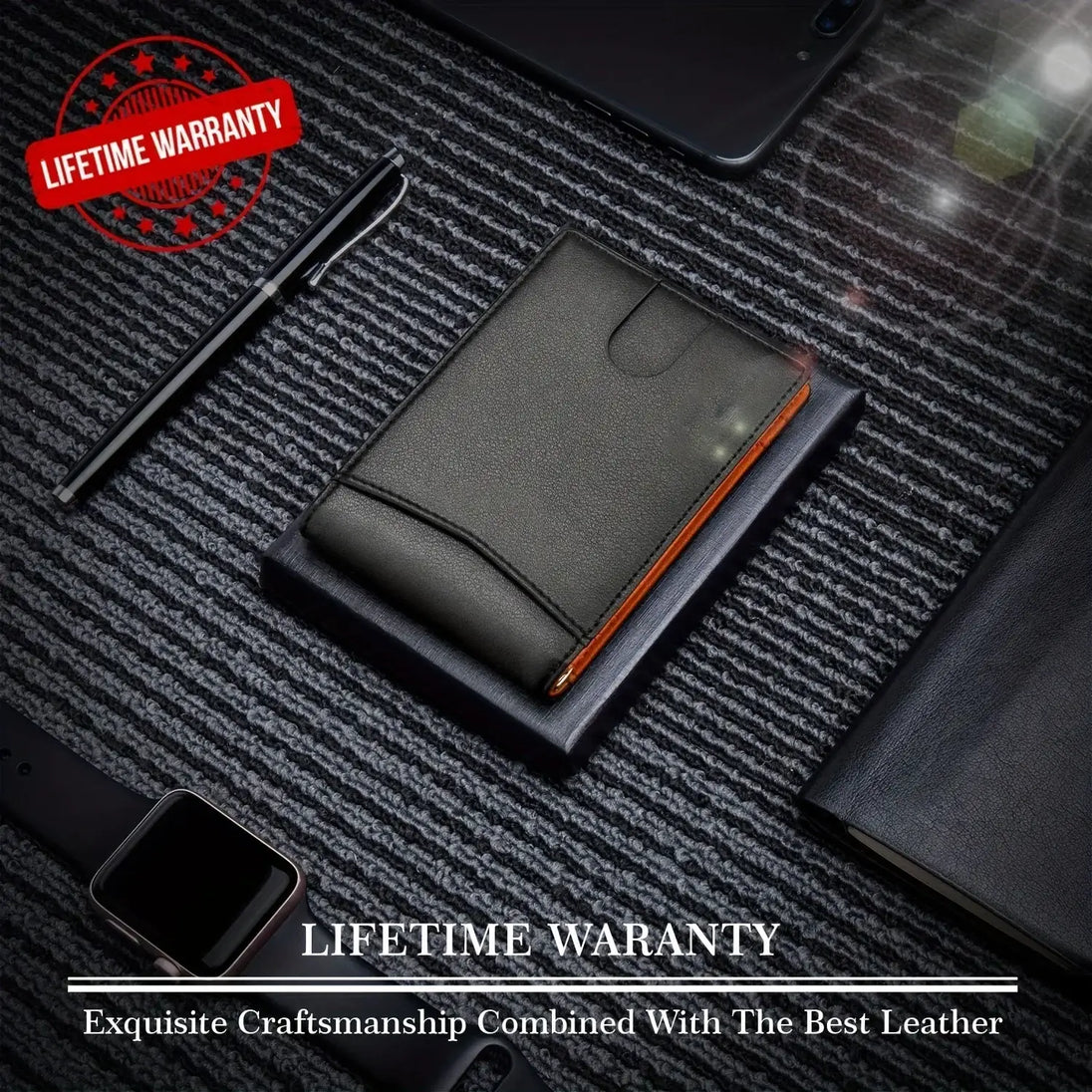 Men Wallet PU Credit Card Clip Mini RFID Blocking on a stylish countertop with accessories.