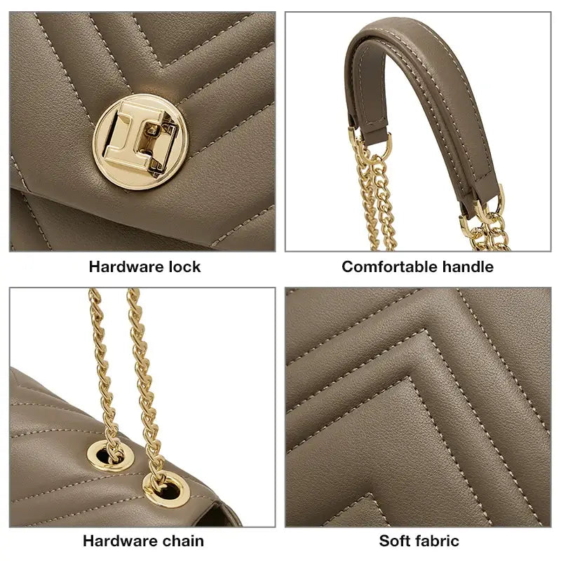 Shoulder Bag with Gold Chain showcasing hardware lock, comfortable handle, hardware chain, and soft fabric.