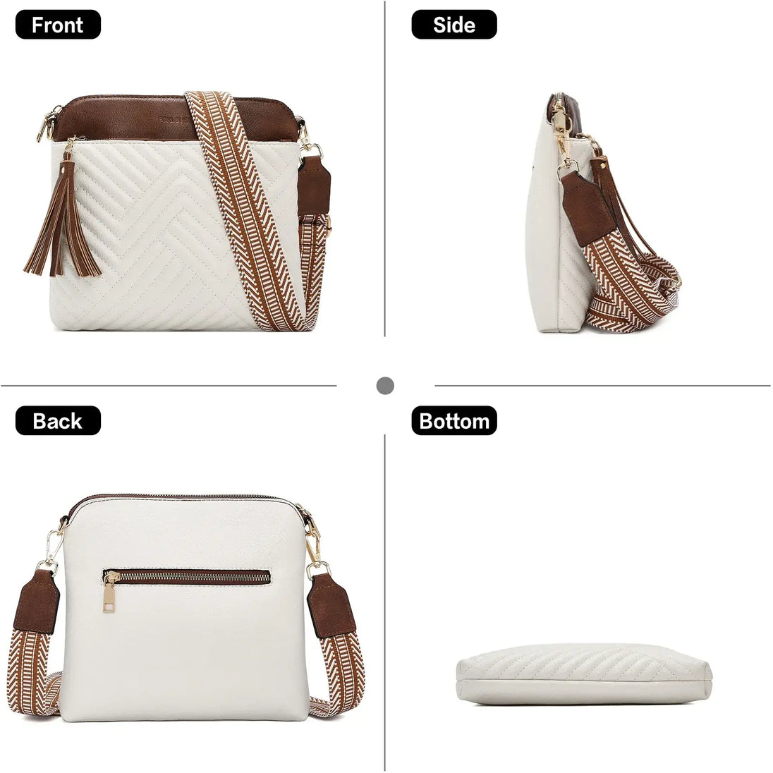 PU Crossbody Bag showcasing front, side, back, and bottom views with stylish design and pattern.