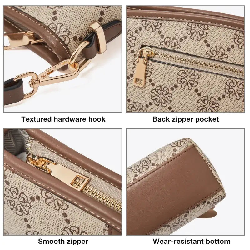 Monogram Crossbody Bag with Cute Bunny Charm showcasing textured hardware hook, back zipper pocket, smooth zipper, and wear-resistant bottom.