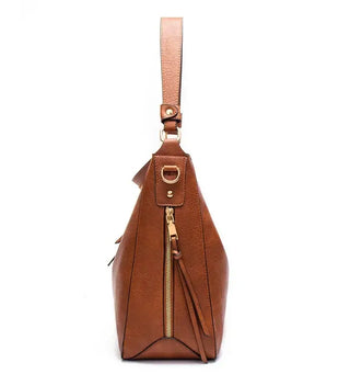 Hobo shoulder bag in brown PU leather with zip closure and shoulder strap, perfect for daily essentials.
