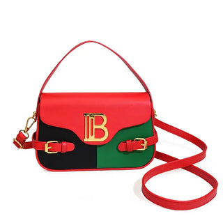 Womens crossbody bag with color-blocking in red, green, and black, featuring stitching and a decorative buckle.