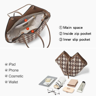 Women Tote Bag showing interior with main space, inside zip pocket, and inner slip pocket.