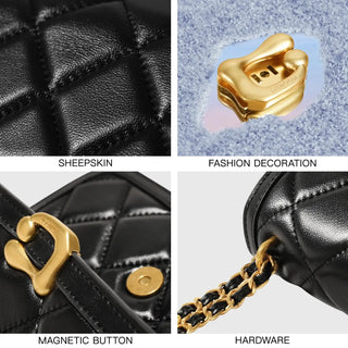Women Genuine Leather Chain Bag details showcasing sheepskin, magnetic button, fashion decoration, and hardware.