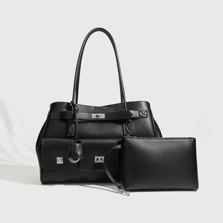 Black Tote Bag with zipper pocket, stylish shoulder handbag for women and unisex use.