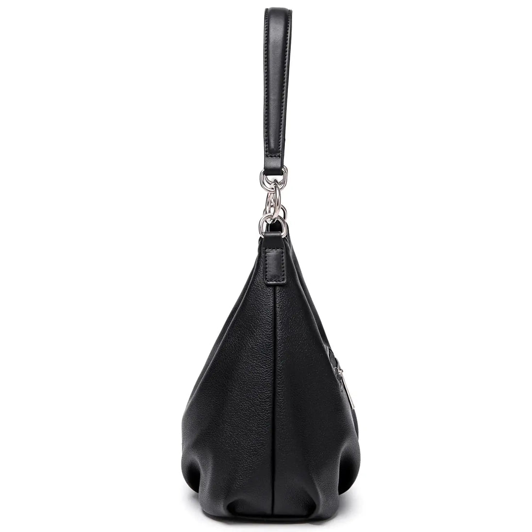 Luxury black shoulder bag for women, soft satchel with zipper closure and wide strap.