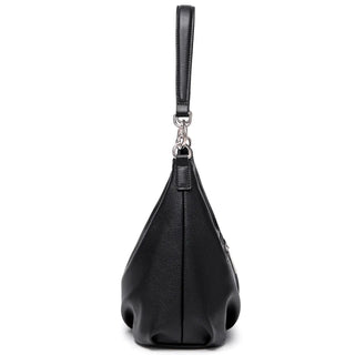 Luxury black shoulder bag for women, soft satchel with zipper closure and wide strap.