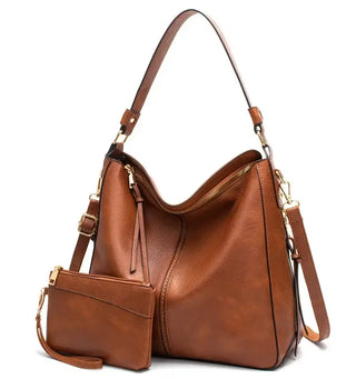 Hobo shoulder bag with wallet pouch in rich brown PU leather and stylish gold-tone hardware.