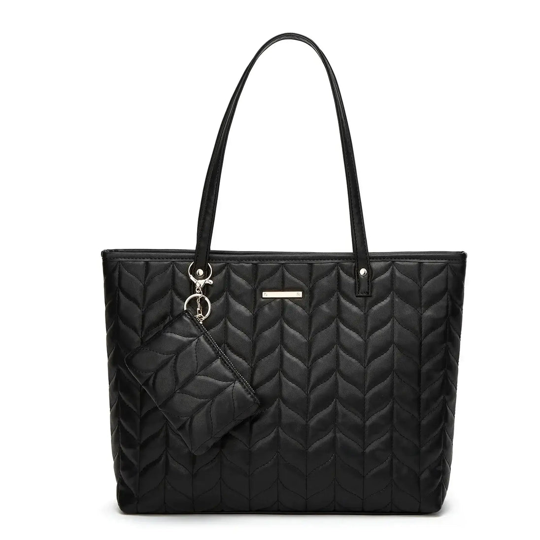 Tote Bag Soft & Versatile Two Piece Set featuring a black quilted tote and matching pouch.