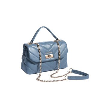Stylish blue crossbody bag with a quilted pattern and chain strap, perfect for women's fashion.