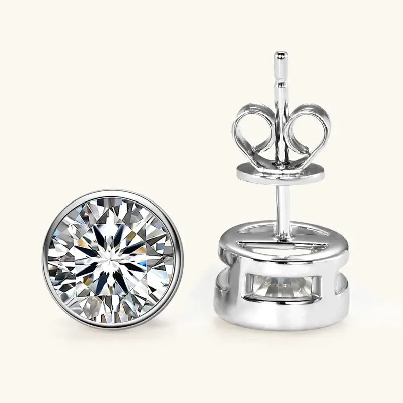 Round Moissanite Stud Earrings featuring a stunning round diamond design and push-back finding.