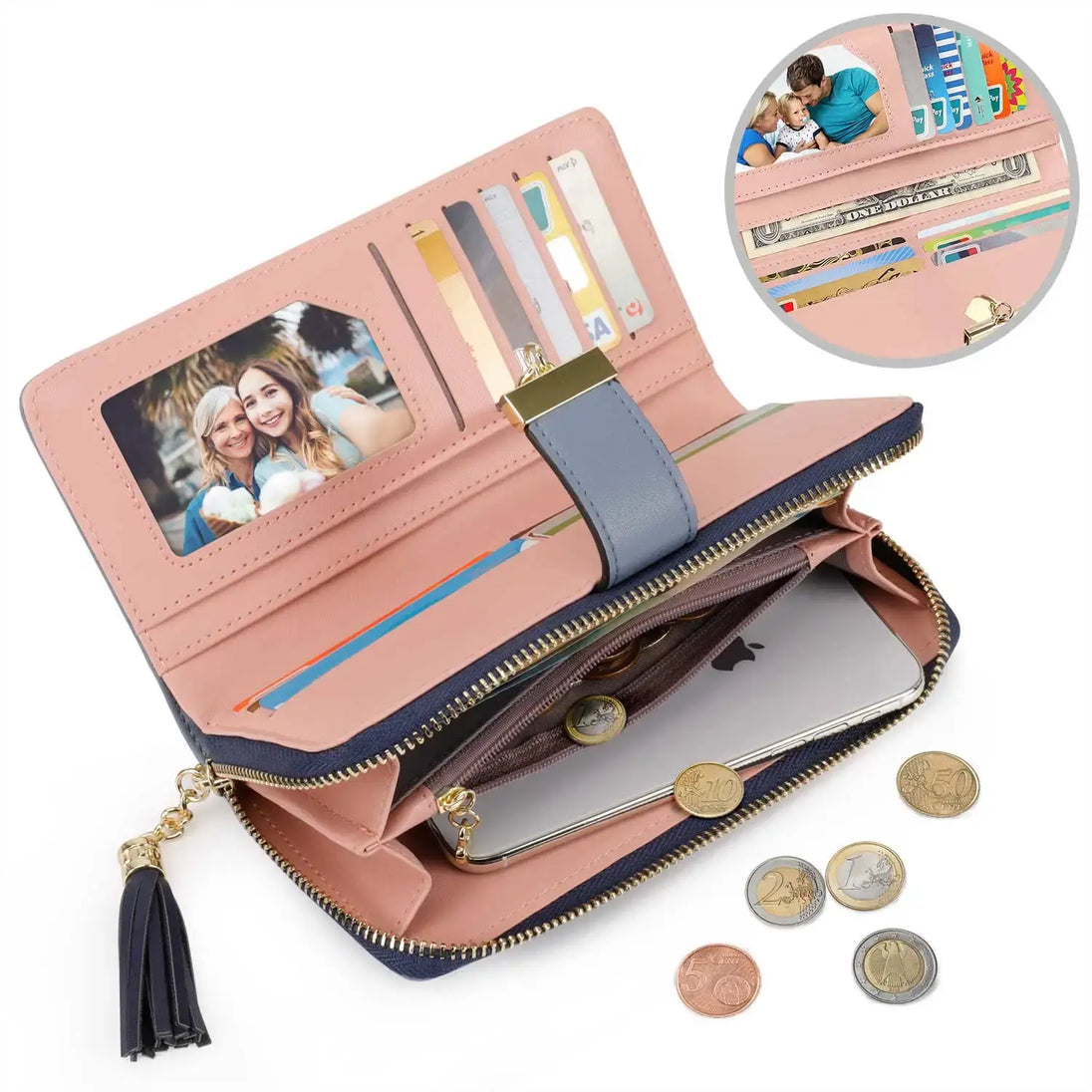 Womens Wallet RFID Blocking Genuine Leather with multi credit card slots and photos, zipper closure, stylish design.