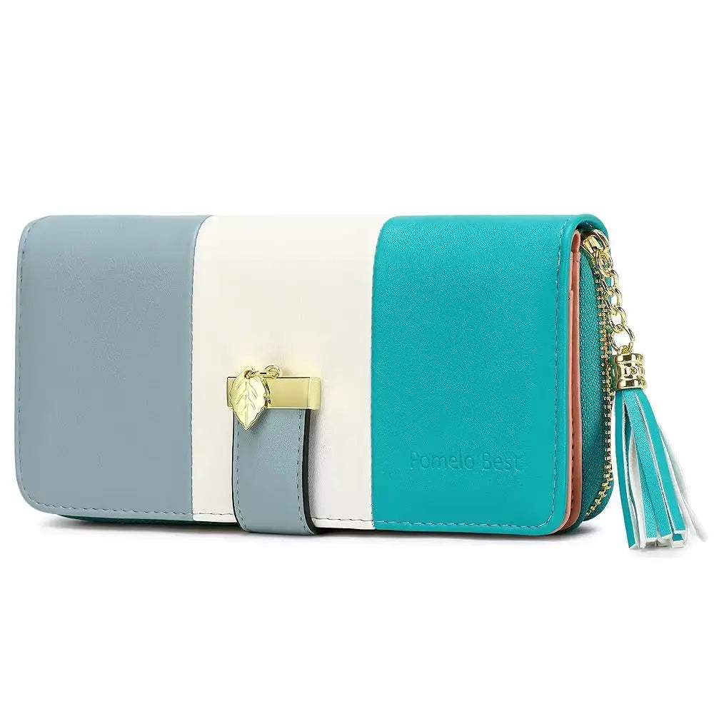 Womens Wallet RFID Blocking Genuine Leather with zipper closure and button decoration in blue and gray colors.