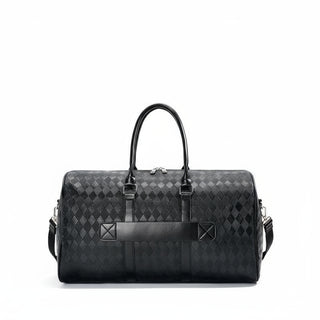 Travel bags with a diamond lattice pattern, casual style, soft polyester material, and zipper closure for men.