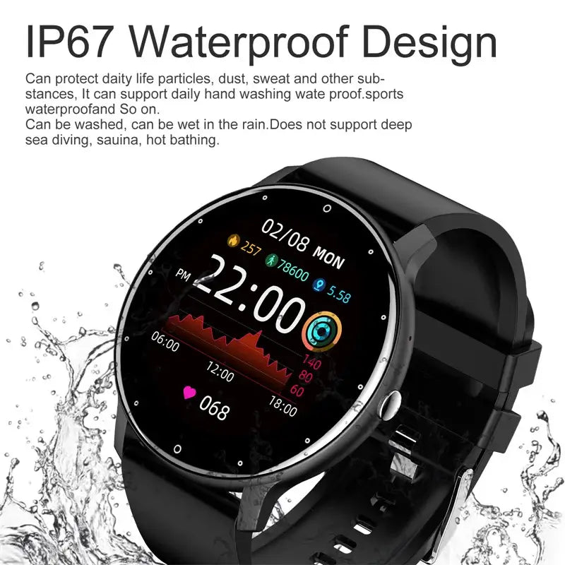 Smart Watch Full Touch Screen with IP67 waterproof design and AMOLED display, showcasing fitness tracking features.