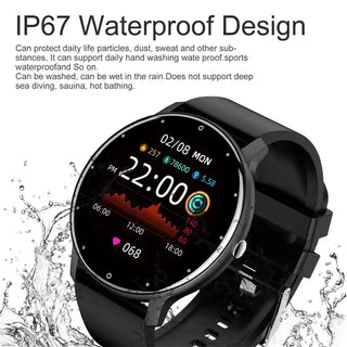 Smart Watch Full Touch Screen with IP67 waterproof design and AMOLED display, showcasing fitness tracking features.