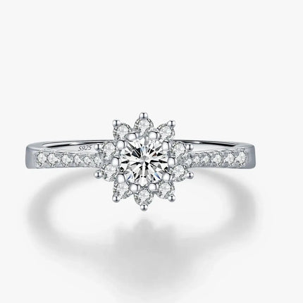 Moissanite Halo Ring in 925 Sterling Silver featuring a round-cut diamond design with multiple stones.