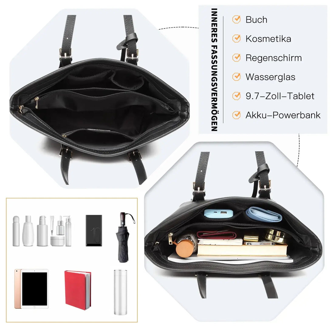 Inside view of Large Shopper Tote Bag showing compartments for book, cosmetics, umbrella, tablet, and power bank.