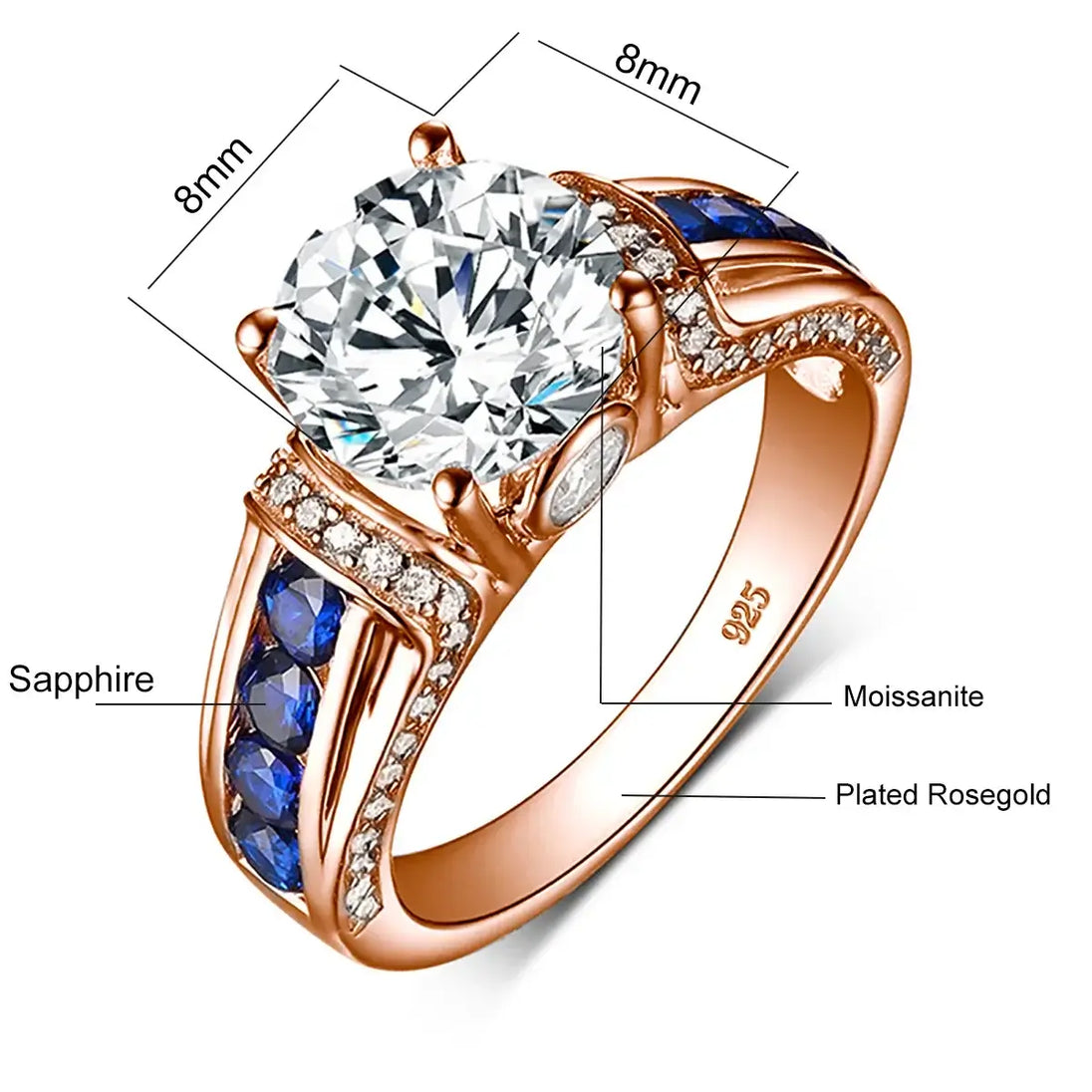 Ring Moissanite Diamond for Women in rose gold with blue sapphire stones, detailed design and measurements included.
