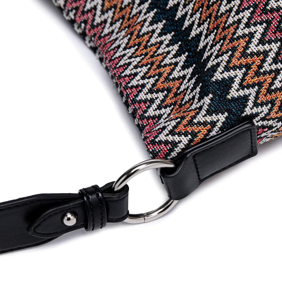 Women's multicolor zigzag shoulder bag strap detail showcasing quality craftsmanship and stylish design.