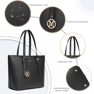 Large Shopper Tote Bag in black leather with stylish gold accents and water-resistant features.