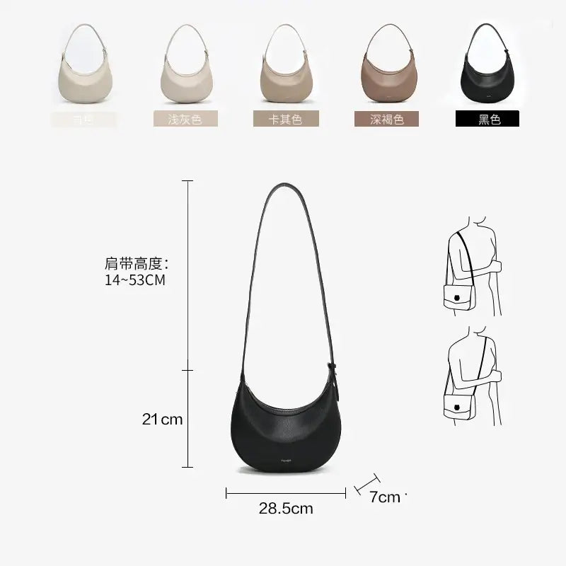Half Moon Bag with Minimalist Design shown in various colors with dimensions and shoulder strap details.