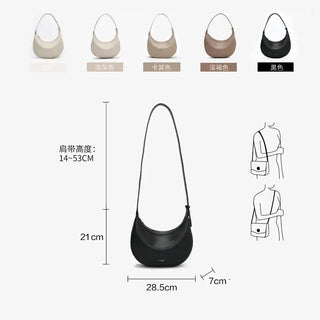 Half Moon Bag with Minimalist Design shown in various colors with dimensions and shoulder strap details.