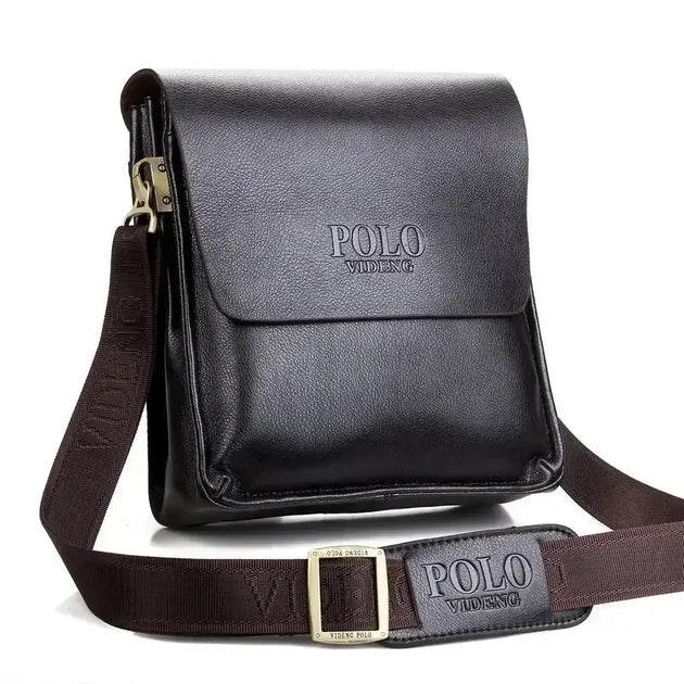 Polo Crossbody Bag showcasing its sleek synthetic leather design and adjustable strap with VIDENG logo.